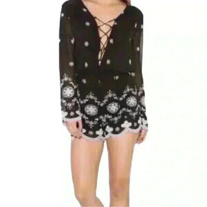 WAYF Sheer Black Embroidered Romper Size XS